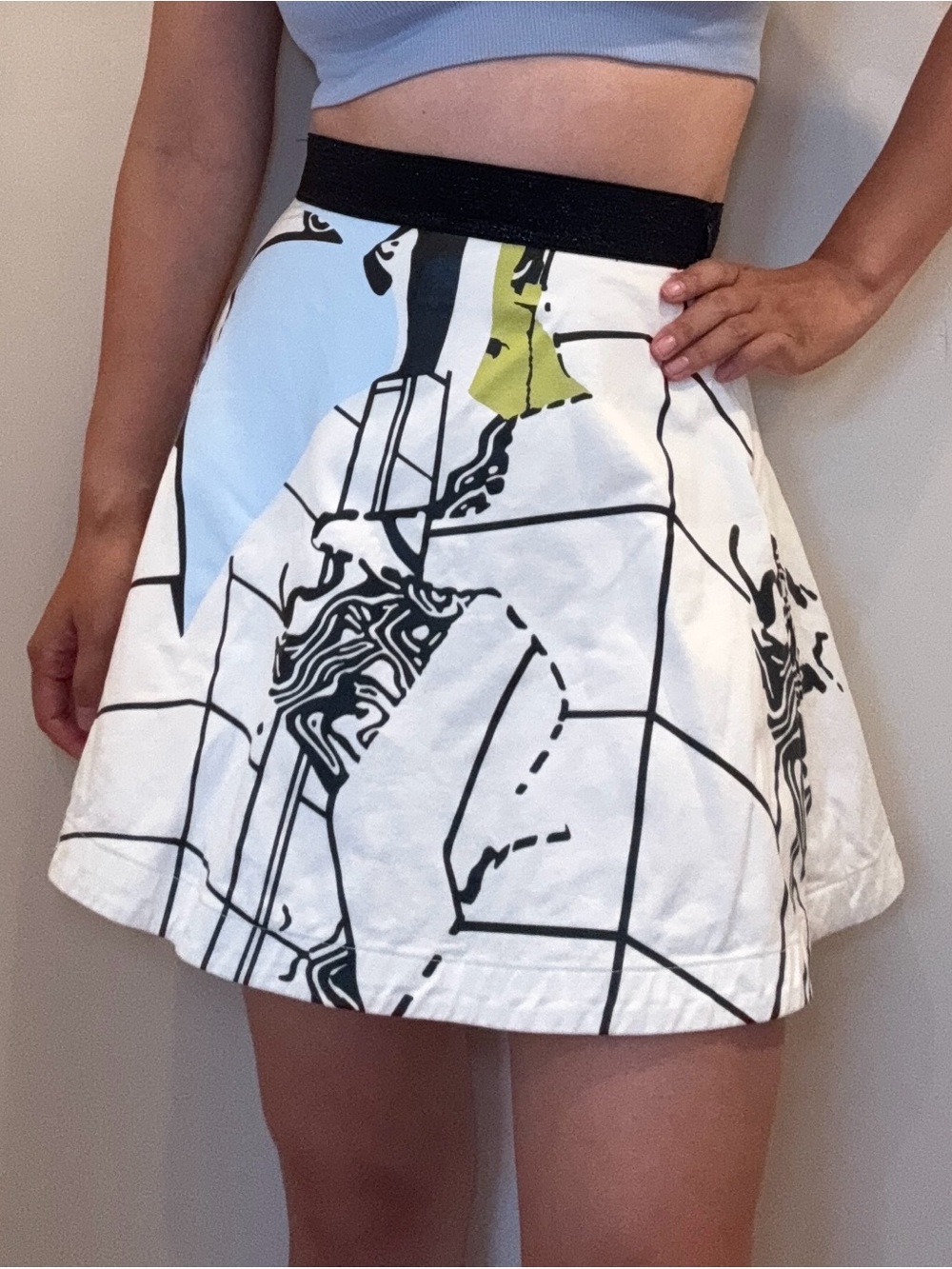Graphic Abstract Circle Skirt in White with Black and Olive